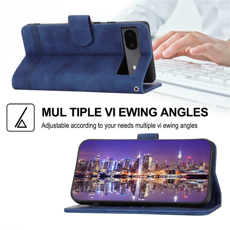 DIERFENG Anti-drop PU Leather Phone Case for Google Pixel 6a, DF-03 Lines Imprinted Scratch-resistant Phone Cover Stand Wallet - Blue