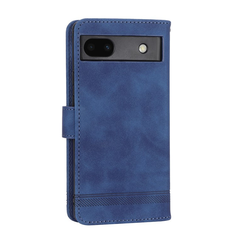 DIERFENG Anti-drop PU Leather Phone Case for Google Pixel 6a, DF-03 Lines Imprinted Scratch-resistant Phone Cover Stand Wallet - Blue