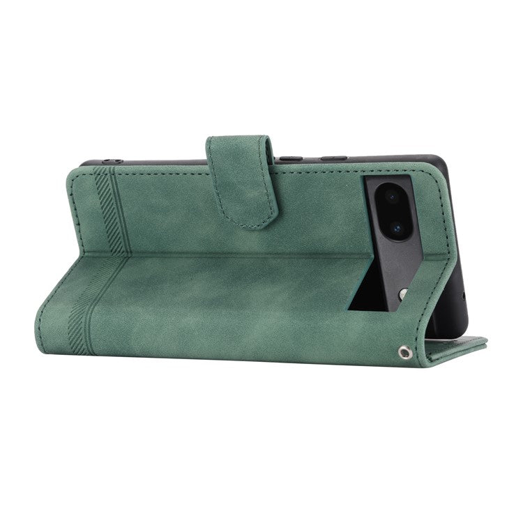 DIERFENG Anti-drop PU Leather Phone Case for Google Pixel 6a, DF-03 Lines Imprinted Scratch-resistant Phone Cover Stand Wallet - Green