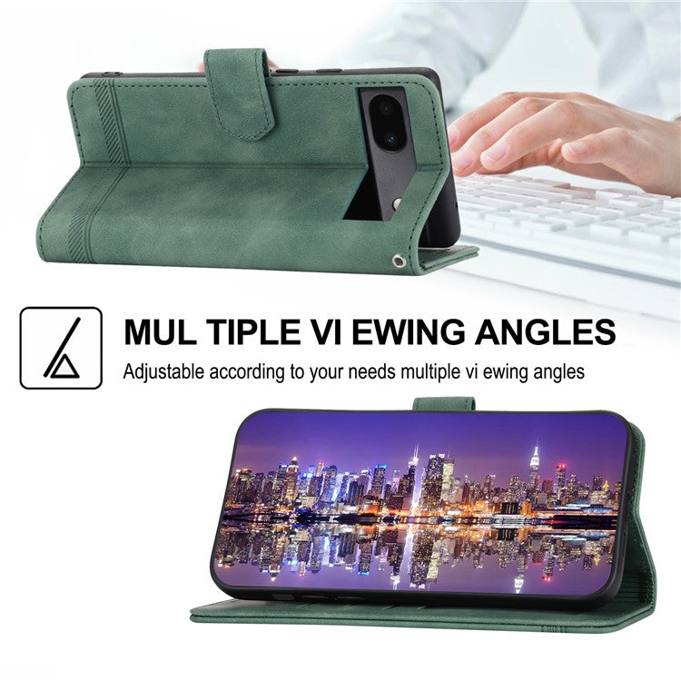 DIERFENG Anti-drop PU Leather Phone Case for Google Pixel 6a, DF-03 Lines Imprinted Scratch-resistant Phone Cover Stand Wallet - Green
