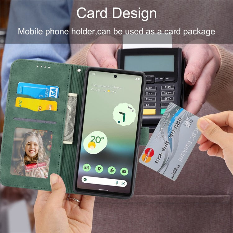 DIERFENG Anti-drop PU Leather Phone Case for Google Pixel 6a, DF-03 Lines Imprinted Scratch-resistant Phone Cover Stand Wallet - Green