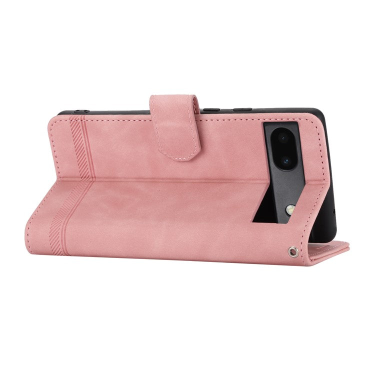 DIERFENG Anti-drop PU Leather Phone Case for Google Pixel 6a, DF-03 Lines Imprinted Scratch-resistant Phone Cover Stand Wallet - Pink