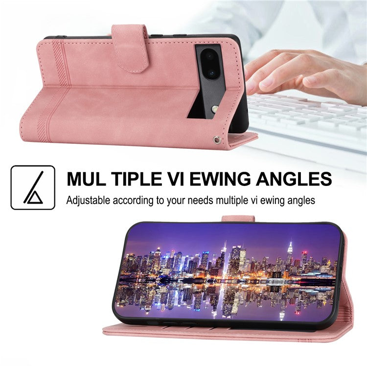 DIERFENG Anti-drop PU Leather Phone Case for Google Pixel 6a, DF-03 Lines Imprinted Scratch-resistant Phone Cover Stand Wallet - Pink
