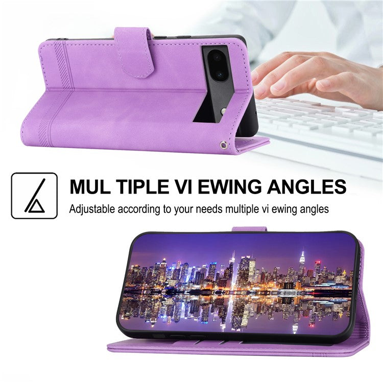 DIERFENG Anti-drop PU Leather Phone Case for Google Pixel 6a, DF-03 Lines Imprinted Scratch-resistant Phone Cover Stand Wallet - Purple