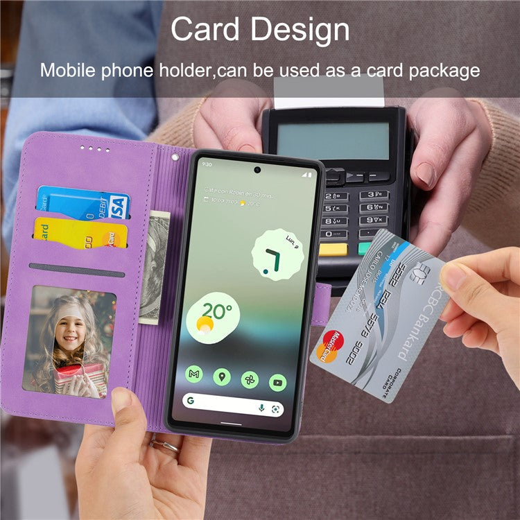 DIERFENG Anti-drop PU Leather Phone Case for Google Pixel 6a, DF-03 Lines Imprinted Scratch-resistant Phone Cover Stand Wallet - Purple