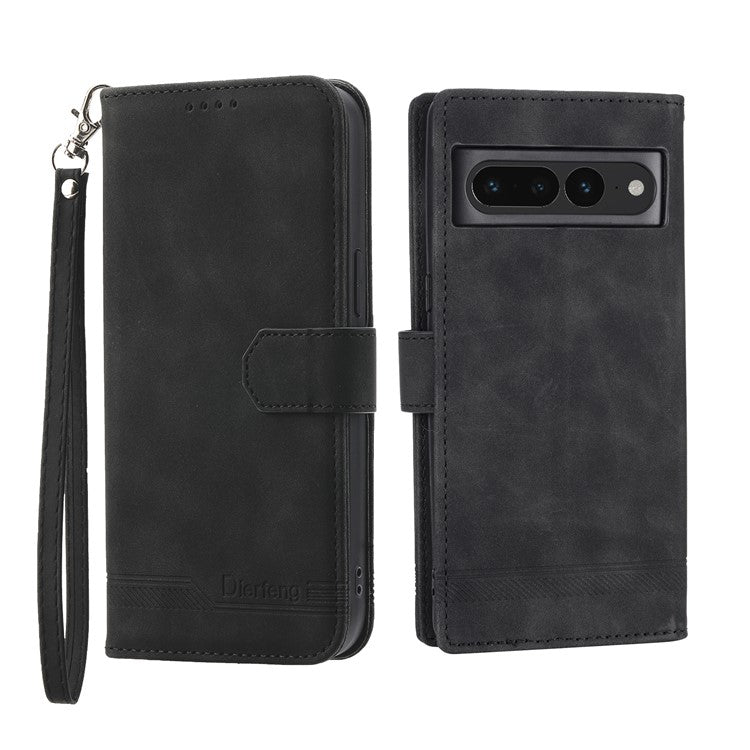 DIERFENG DF-03 Mobile Phone Leather Case for Google Pixel 7 Pro 5G, Lines Imprinted Phone Cover with Wallet Stand - Black