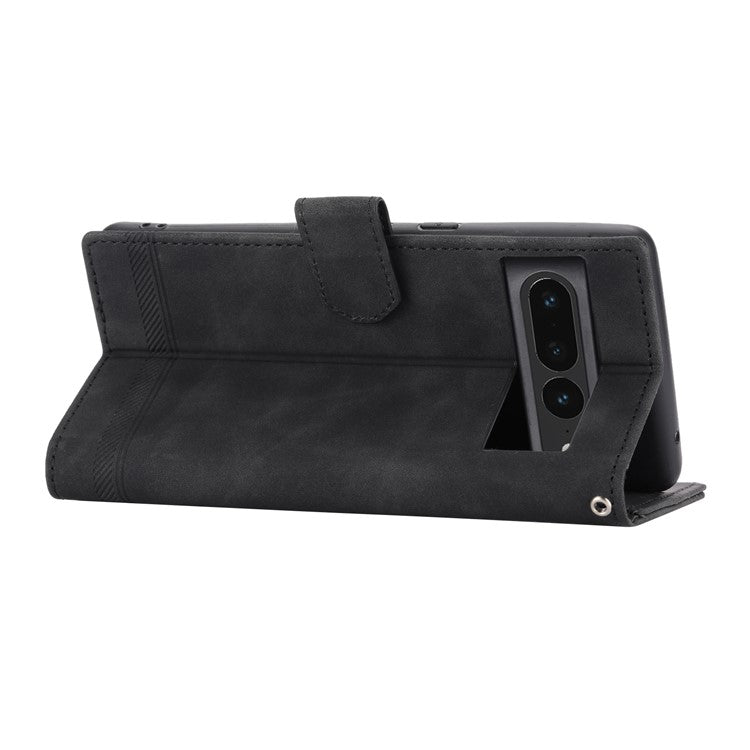 DIERFENG DF-03 Mobile Phone Leather Case for Google Pixel 7 Pro 5G, Lines Imprinted Phone Cover with Wallet Stand - Black