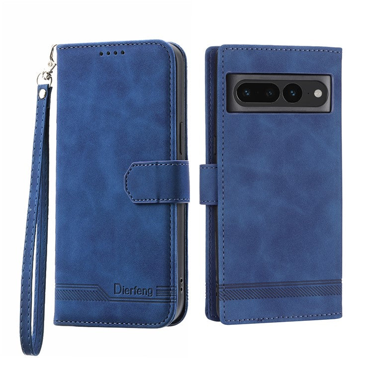 DIERFENG DF-03 Mobile Phone Leather Case for Google Pixel 7 Pro 5G, Lines Imprinted Phone Cover with Wallet Stand - Blue