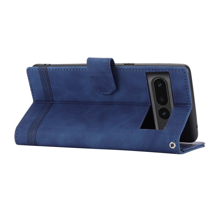 DIERFENG DF-03 Mobile Phone Leather Case for Google Pixel 7 Pro 5G, Lines Imprinted Phone Cover with Wallet Stand - Blue