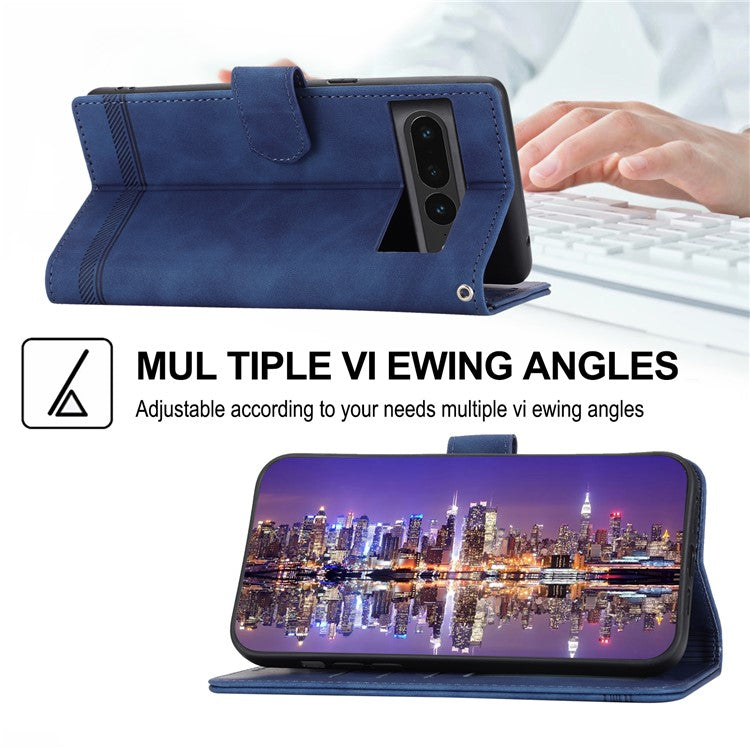 DIERFENG DF-03 Mobile Phone Leather Case for Google Pixel 7 Pro 5G, Lines Imprinted Phone Cover with Wallet Stand - Blue