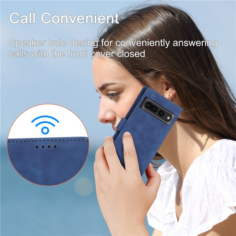 DIERFENG DF-03 Mobile Phone Leather Case for Google Pixel 7 Pro 5G, Lines Imprinted Phone Cover with Wallet Stand - Blue