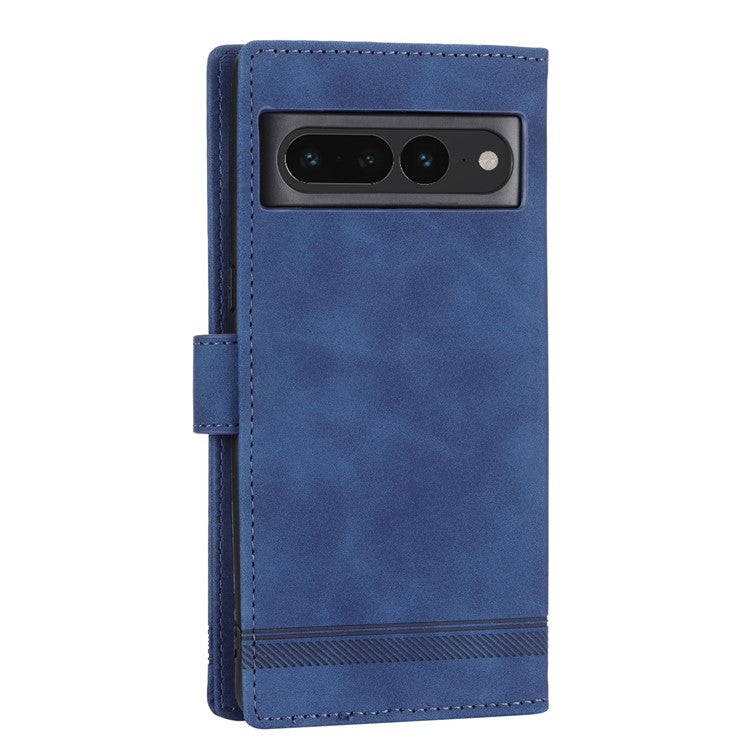 DIERFENG DF-03 Mobile Phone Leather Case for Google Pixel 7 Pro 5G, Lines Imprinted Phone Cover with Wallet Stand - Blue
