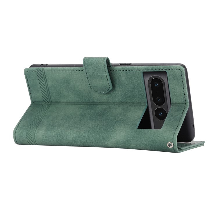 DIERFENG DF-03 Mobile Phone Leather Case for Google Pixel 7 Pro 5G, Lines Imprinted Phone Cover with Wallet Stand - Green