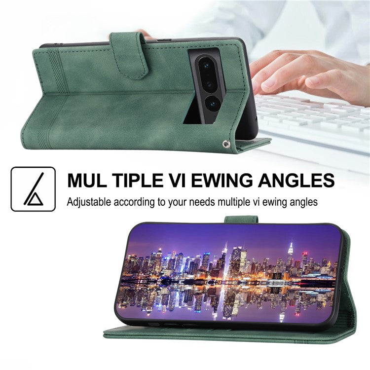 DIERFENG DF-03 Mobile Phone Leather Case for Google Pixel 7 Pro 5G, Lines Imprinted Phone Cover with Wallet Stand - Green