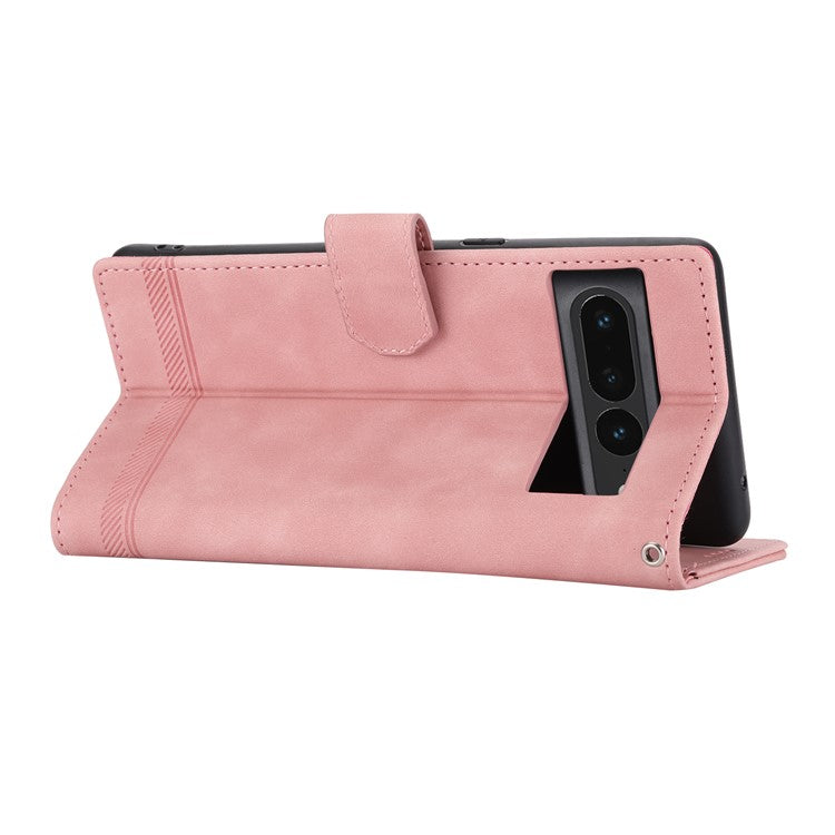 DIERFENG DF-03 Mobile Phone Leather Case for Google Pixel 7 Pro 5G, Lines Imprinted Phone Cover with Wallet Stand - Pink