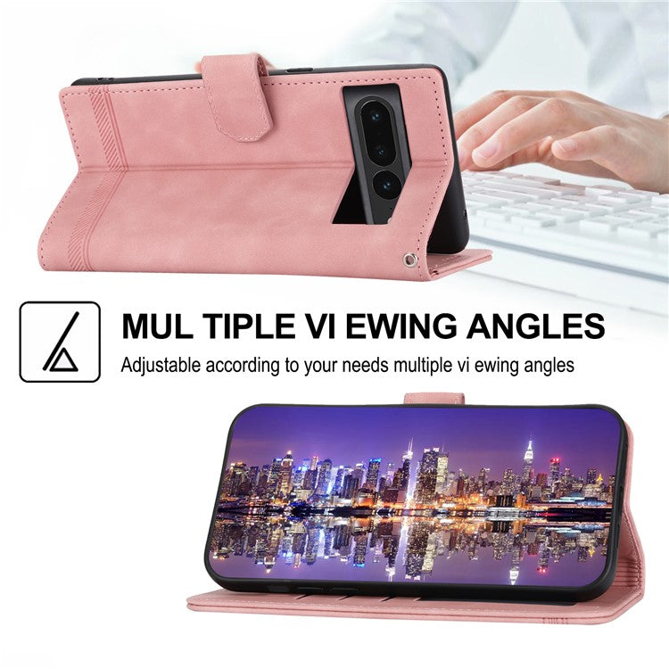 DIERFENG DF-03 Mobile Phone Leather Case for Google Pixel 7 Pro 5G, Lines Imprinted Phone Cover with Wallet Stand - Pink