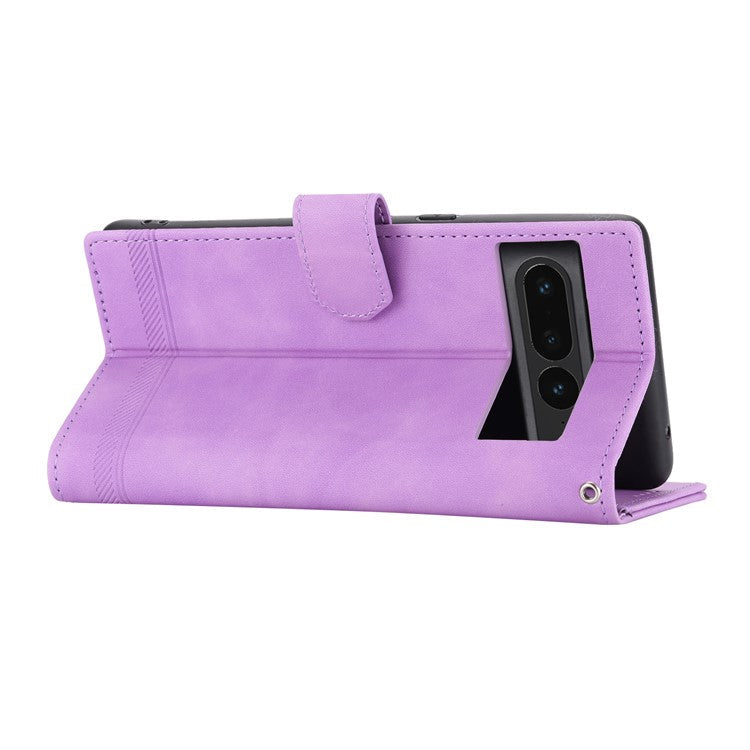 DIERFENG DF-03 Mobile Phone Leather Case for Google Pixel 7 Pro 5G, Lines Imprinted Phone Cover with Wallet Stand - Purple