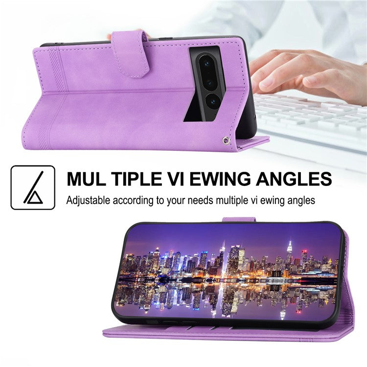 DIERFENG DF-03 Mobile Phone Leather Case for Google Pixel 7 Pro 5G, Lines Imprinted Phone Cover with Wallet Stand - Purple