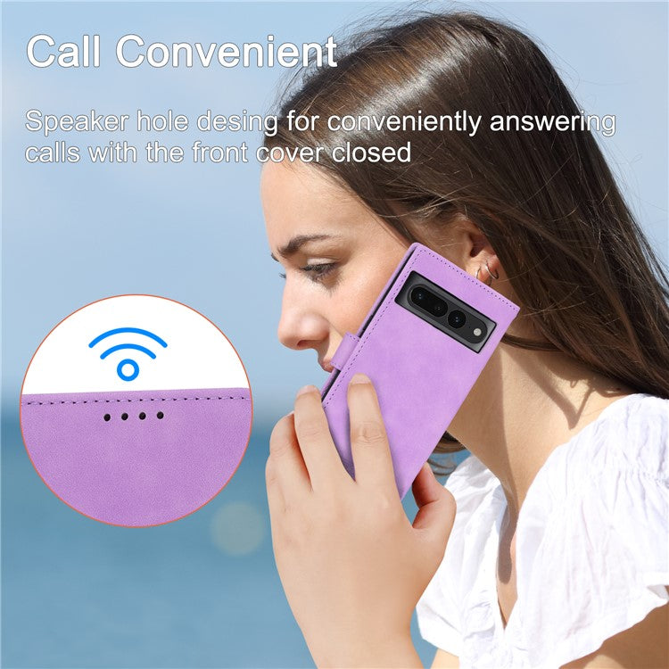 DIERFENG DF-03 Mobile Phone Leather Case for Google Pixel 7 Pro 5G, Lines Imprinted Phone Cover with Wallet Stand - Purple
