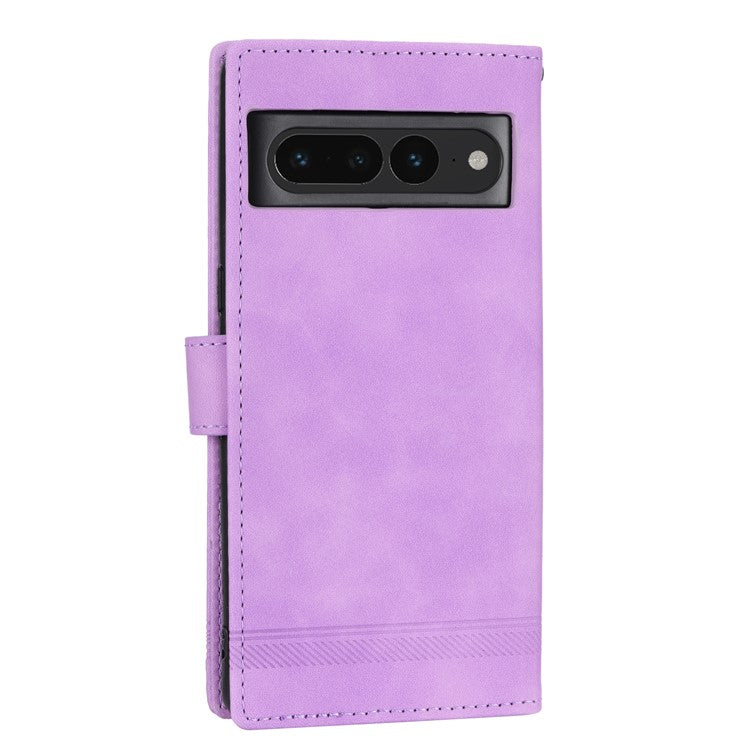 DIERFENG DF-03 Mobile Phone Leather Case for Google Pixel 7 Pro 5G, Lines Imprinted Phone Cover with Wallet Stand - Purple