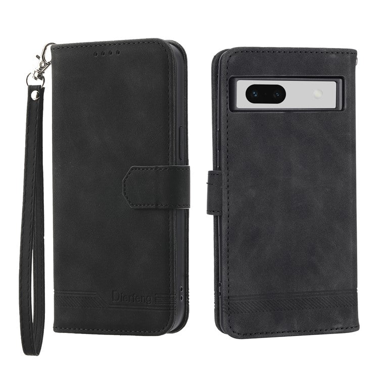 DIERFENG DF-03 PU Leather Wallet Case for Google Pixel 7a, Lines Imprinted Cell Phone Stand Cover - Black