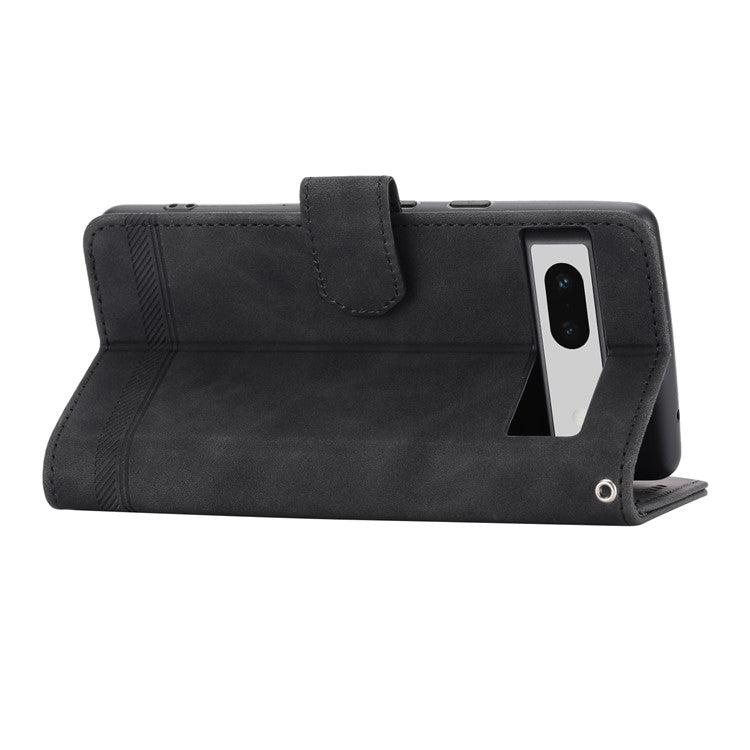 DIERFENG DF-03 PU Leather Wallet Case for Google Pixel 7a, Lines Imprinted Cell Phone Stand Cover - Black