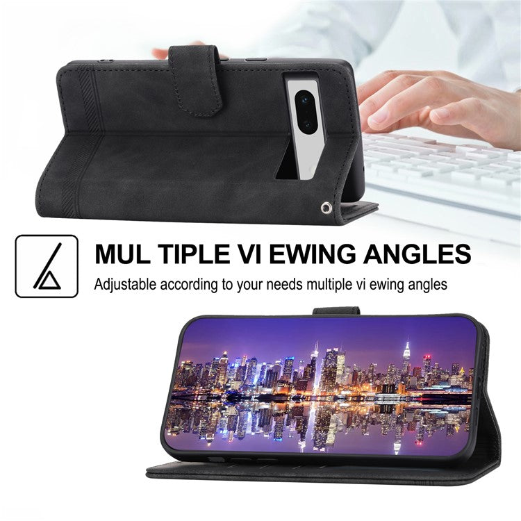 DIERFENG DF-03 PU Leather Wallet Case for Google Pixel 7a, Lines Imprinted Cell Phone Stand Cover - Black