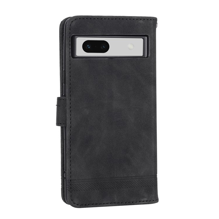 DIERFENG DF-03 PU Leather Wallet Case for Google Pixel 7a, Lines Imprinted Cell Phone Stand Cover - Black