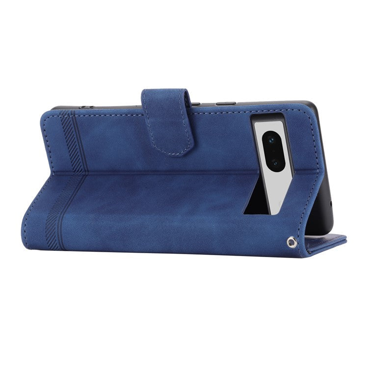 DIERFENG DF-03 PU Leather Wallet Case for Google Pixel 7a, Lines Imprinted Cell Phone Stand Cover - Blue