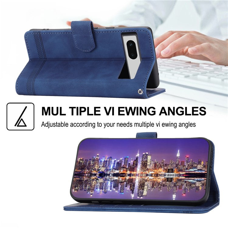 DIERFENG DF-03 PU Leather Wallet Case for Google Pixel 7a, Lines Imprinted Cell Phone Stand Cover - Blue