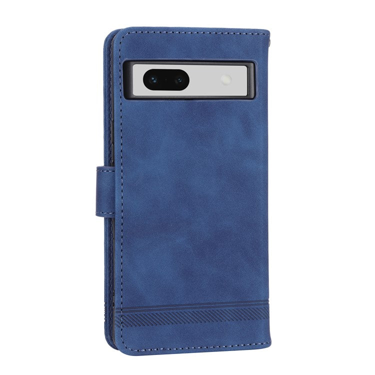 DIERFENG DF-03 PU Leather Wallet Case for Google Pixel 7a, Lines Imprinted Cell Phone Stand Cover - Blue