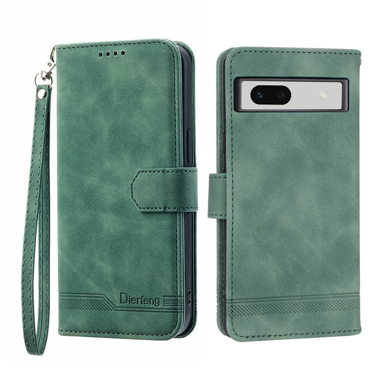 DIERFENG DF-03 PU Leather Wallet Case for Google Pixel 7a, Lines Imprinted Cell Phone Stand Cover - Green