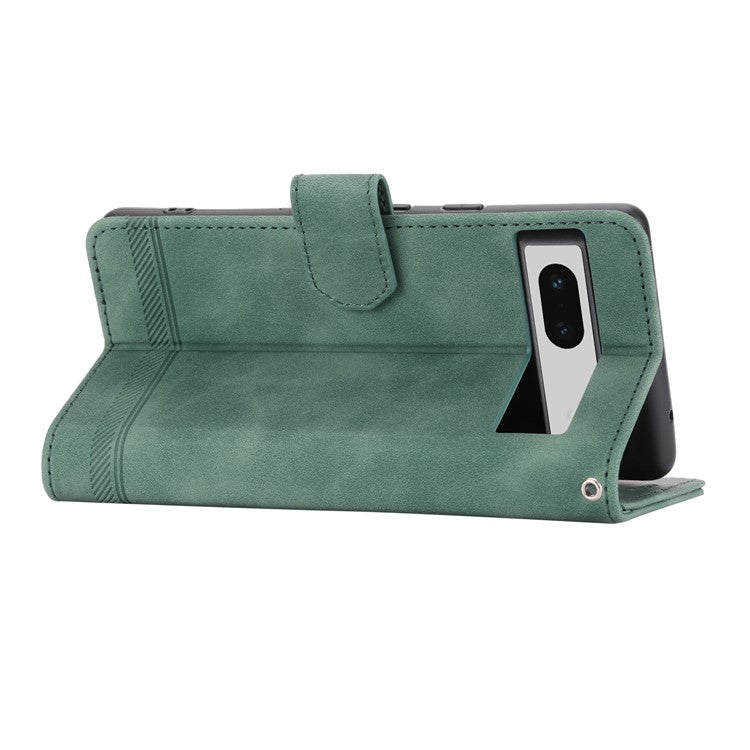 DIERFENG DF-03 PU Leather Wallet Case for Google Pixel 7a, Lines Imprinted Cell Phone Stand Cover - Green