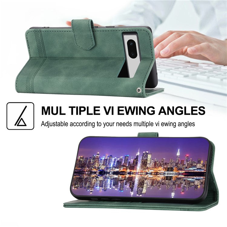 DIERFENG DF-03 PU Leather Wallet Case for Google Pixel 7a, Lines Imprinted Cell Phone Stand Cover - Green