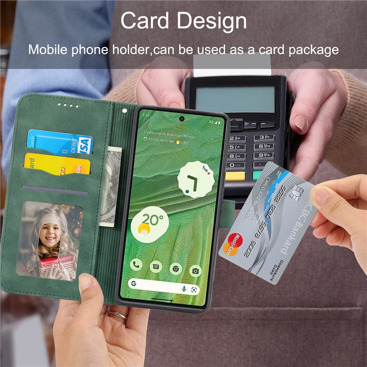 DIERFENG DF-03 PU Leather Wallet Case for Google Pixel 7a, Lines Imprinted Cell Phone Stand Cover - Green