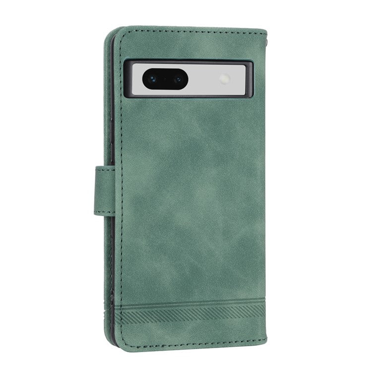 DIERFENG DF-03 PU Leather Wallet Case for Google Pixel 7a, Lines Imprinted Cell Phone Stand Cover - Green