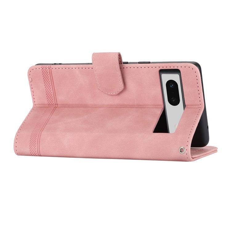 DIERFENG DF-03 PU Leather Wallet Case for Google Pixel 7a, Lines Imprinted Cell Phone Stand Cover - Pink