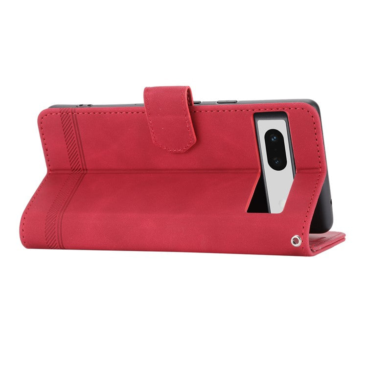 DIERFENG DF-03 PU Leather Wallet Case for Google Pixel 7a, Lines Imprinted Cell Phone Stand Cover - Red