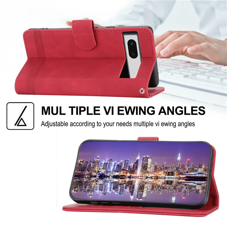 DIERFENG DF-03 PU Leather Wallet Case for Google Pixel 7a, Lines Imprinted Cell Phone Stand Cover - Red