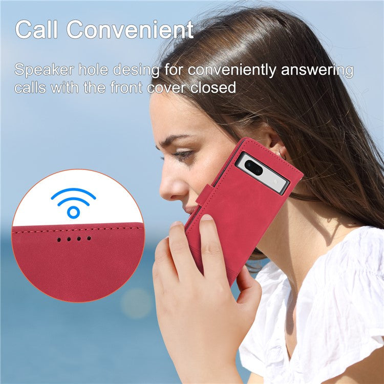 DIERFENG DF-03 PU Leather Wallet Case for Google Pixel 7a, Lines Imprinted Cell Phone Stand Cover - Red