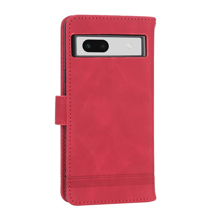 DIERFENG DF-03 PU Leather Wallet Case for Google Pixel 7a, Lines Imprinted Cell Phone Stand Cover - Red
