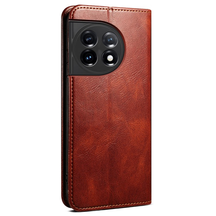 Phone Stand Case for OnePlus 11 5G, PU Leather Waxy Crazy Horse Texture Stand Smartphone Cover - Brown