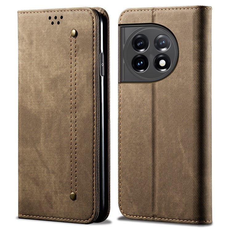 PU Leather Phone Stand Case for OnePlus 11 5G, Jeans Cloth Texture Cell Phone Wallet Cover - Khaki
