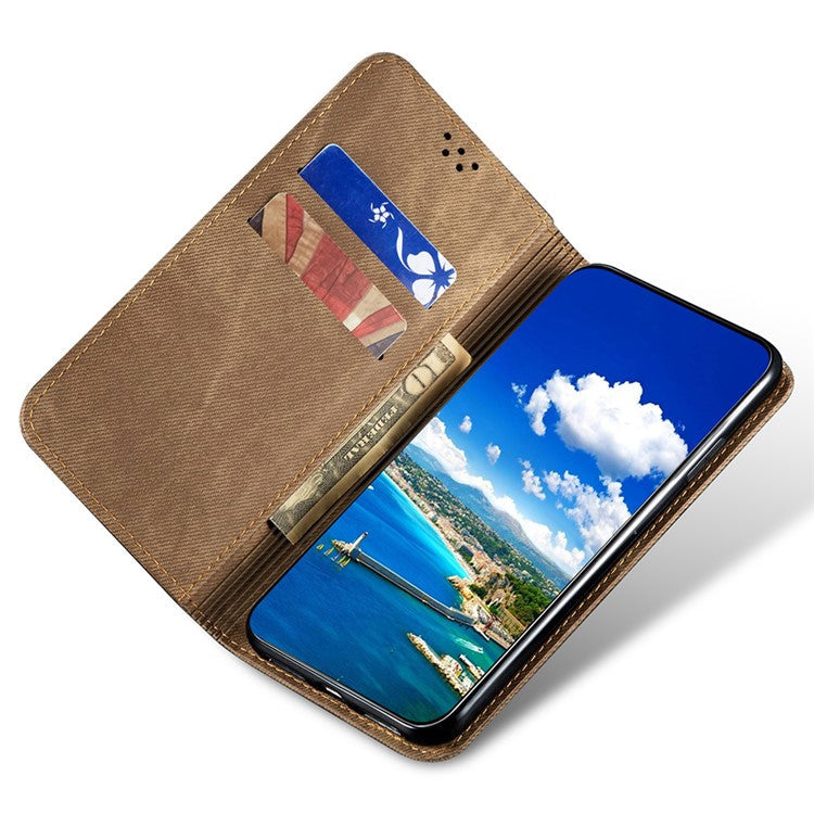 PU Leather Phone Stand Case for OnePlus 11 5G, Jeans Cloth Texture Cell Phone Wallet Cover - Khaki