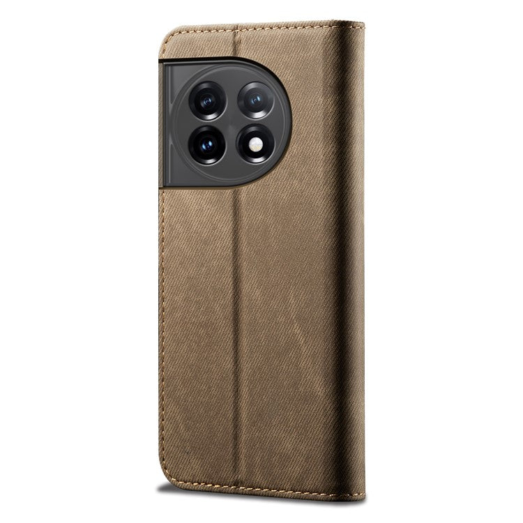 PU Leather Phone Stand Case for OnePlus 11 5G, Jeans Cloth Texture Cell Phone Wallet Cover - Khaki
