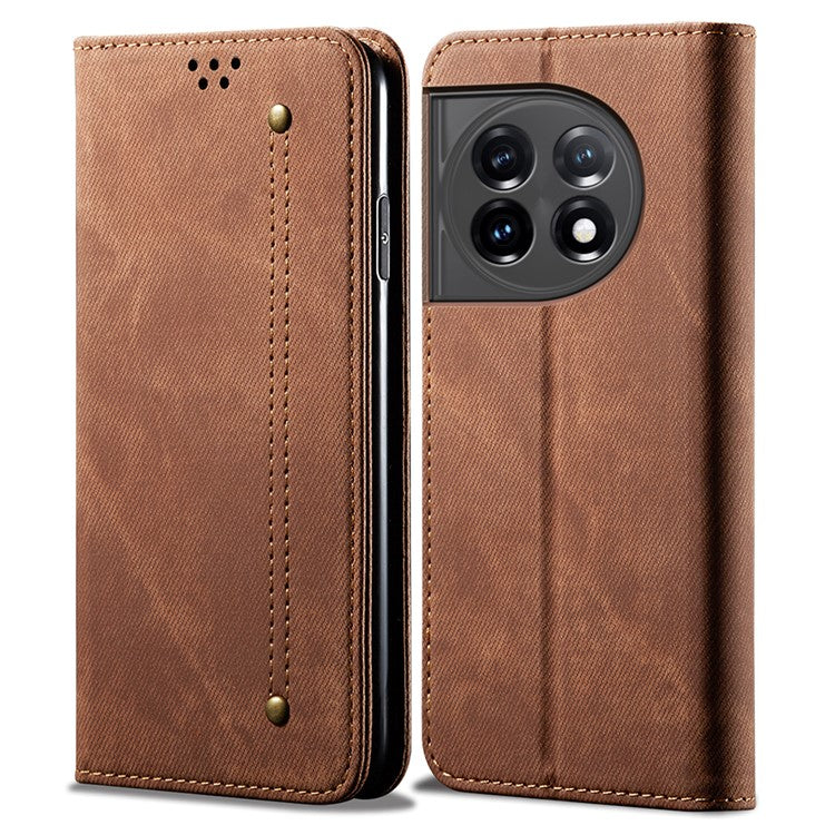 PU Leather Phone Stand Case for OnePlus 11 5G, Jeans Cloth Texture Cell Phone Wallet Cover - Coffee