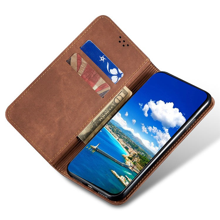 PU Leather Phone Stand Case for OnePlus 11 5G, Jeans Cloth Texture Cell Phone Wallet Cover - Coffee