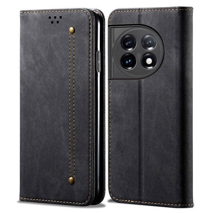 PU Leather Phone Stand Case for OnePlus 11 5G, Jeans Cloth Texture Cell Phone Wallet Cover - Black