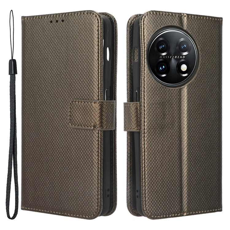 For OnePlus 11 5G PU Leather Cell Phone Cover Diamond Texture Flip Wallet Stand Full Protection Phone Case - Brown