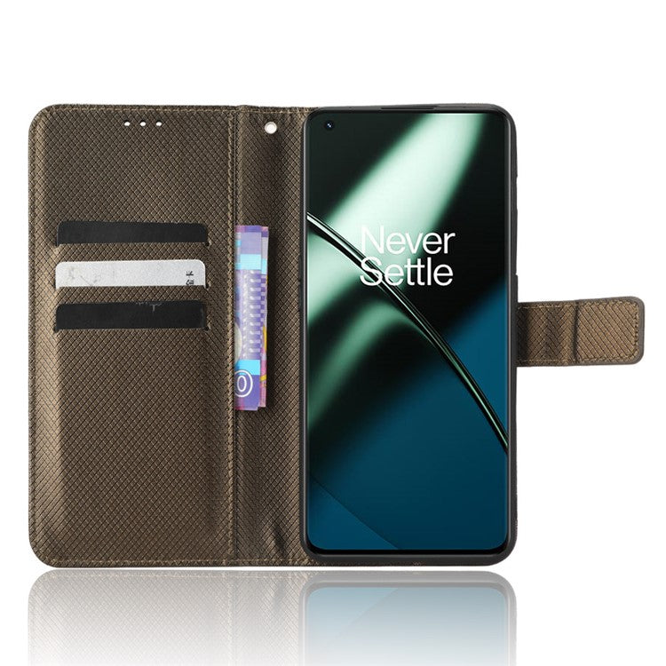 For OnePlus 11 5G PU Leather Cell Phone Cover Diamond Texture Flip Wallet Stand Full Protection Phone Case - Brown